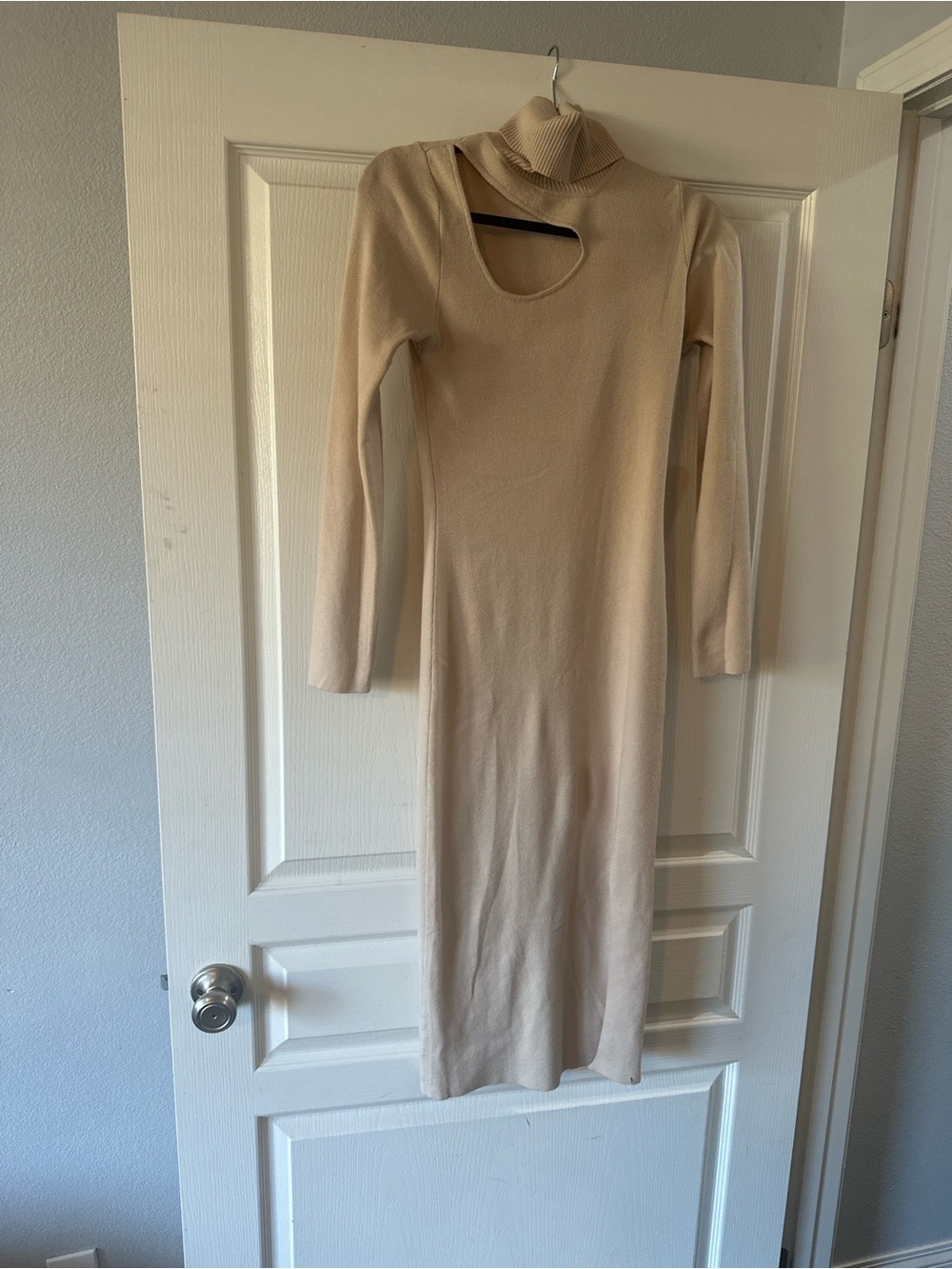 Forever 21 Beige Cutout Turtleneck Long Sleeve Midi Dress